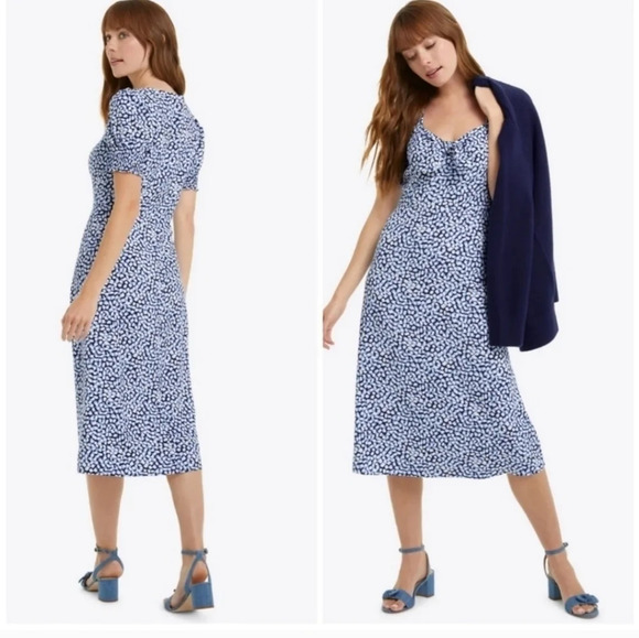 Draper James Patsy Dress In Square Geo Blue Cream Ruffled Sleeves Tie Front Sz 6 - Picture 2 of 13